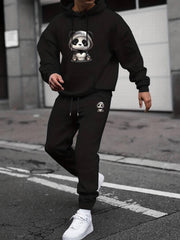 Panda Print Men's 2Pcs Outfits Crew Neck Long Sleeve T Shirt Hooded Sweat