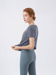 Women's Dark Grey Loose Crew Neck Short Sleeve Yoga T Shirt