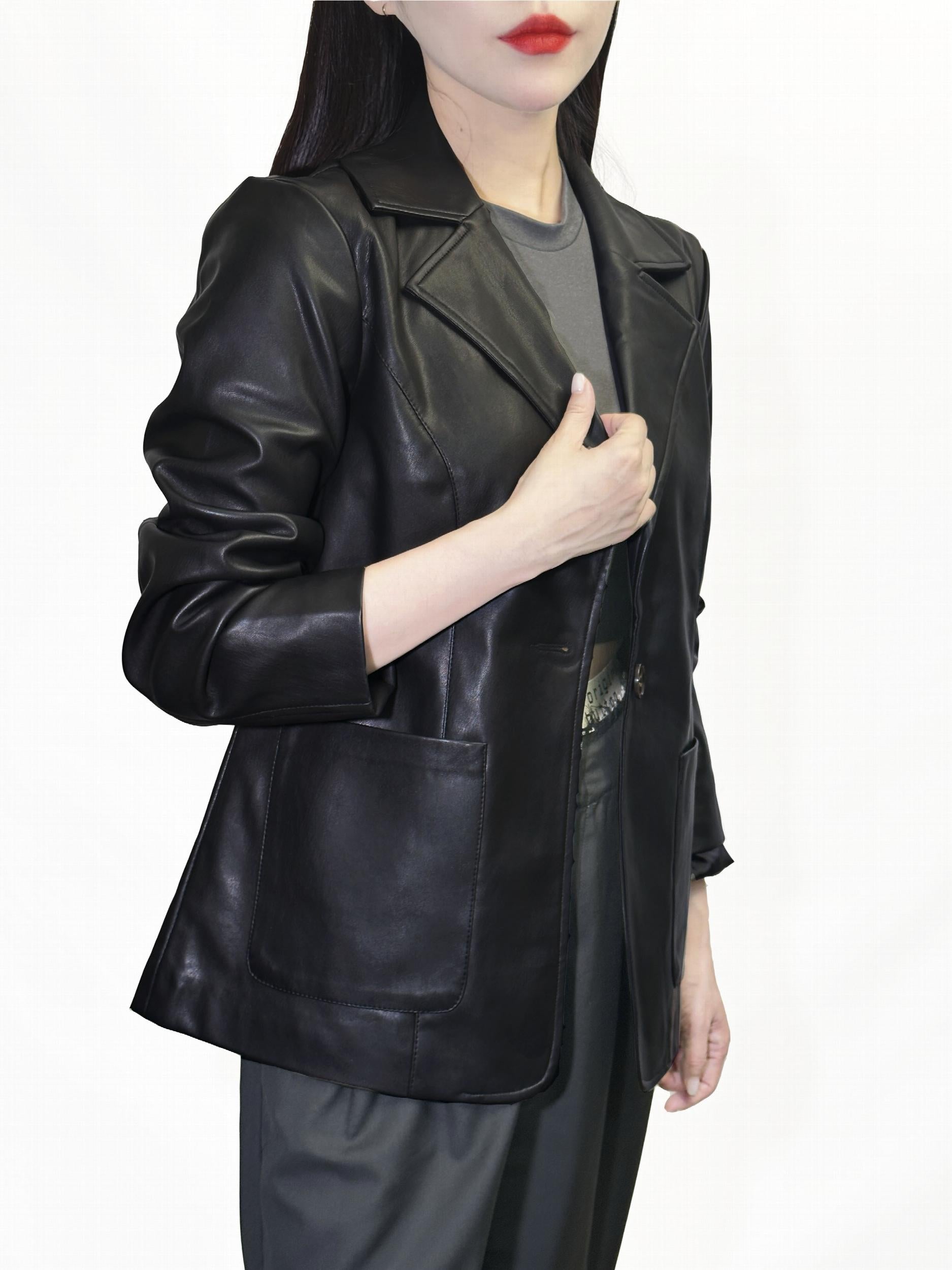 PU Leather One Button Blazer Long Sleeve Work Outerwear