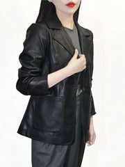 PU Leather One Button Blazer Long Sleeve Work Outerwear