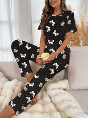 Butterfly Print Pajama Set Short Sleeve Top & Pants Women's Sleepwear
