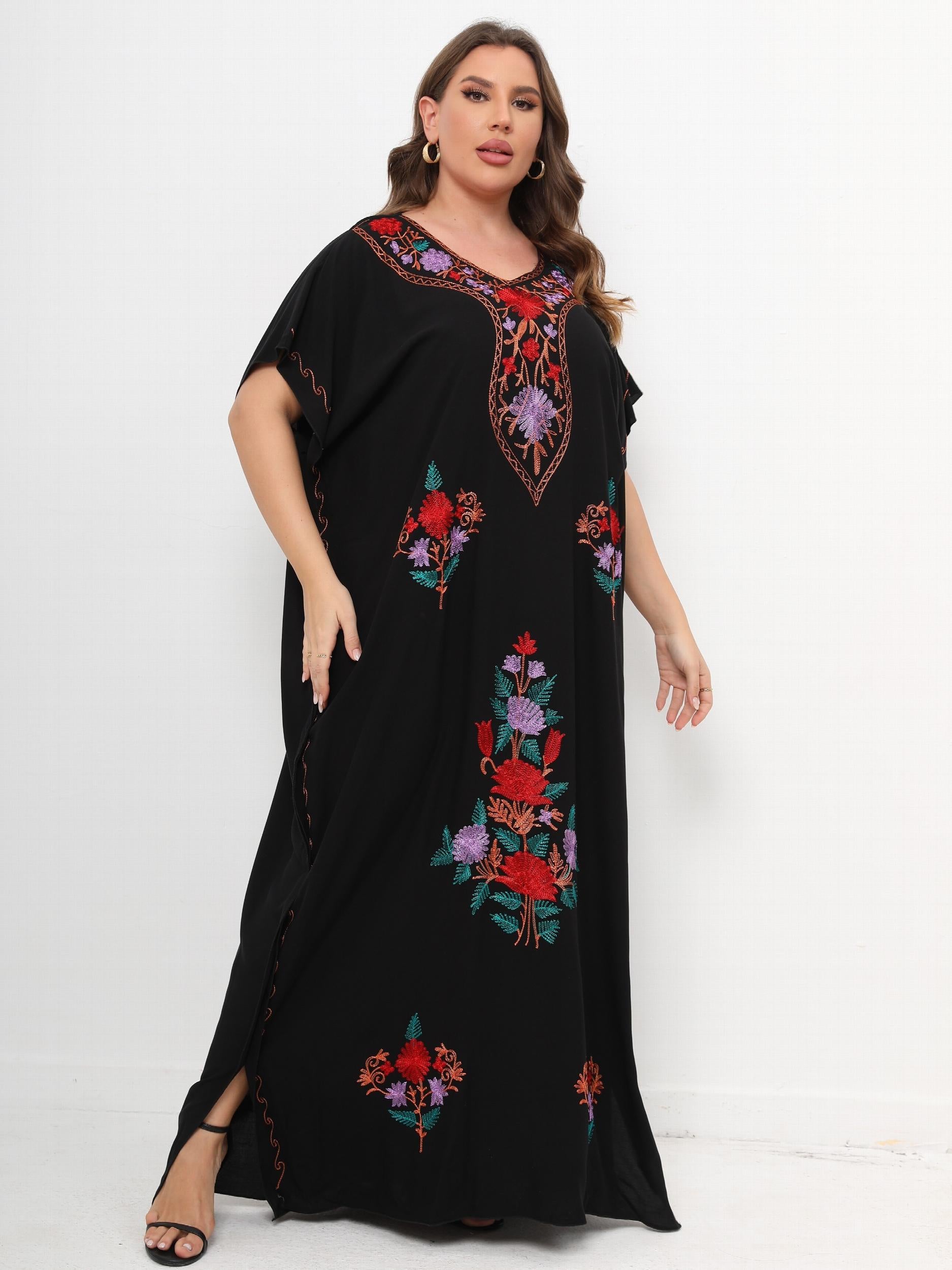 Women's Plus Boho Kaftan Dress Floral Embroidered Batwing Sleeve V Neck Maxi