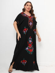 Women's Plus Boho Kaftan Dress Floral Embroidered Batwing Sleeve V Neck Maxi