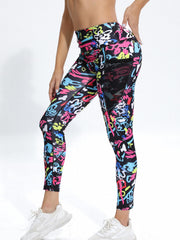Print Fitness Yoga Pants Slim Fit High Waist Pocket Running Pants