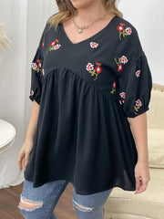 Floral Print V Neck Half Sleeve Peplum Blouse Women's Plus Casual Loose Fit Tops