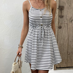Striped Button Front Cami Dress with Drawstring Waist