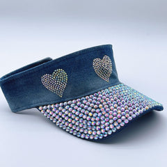 Rhinestone Heart Visor Hat Denim Washed Ponytail Sun Hat