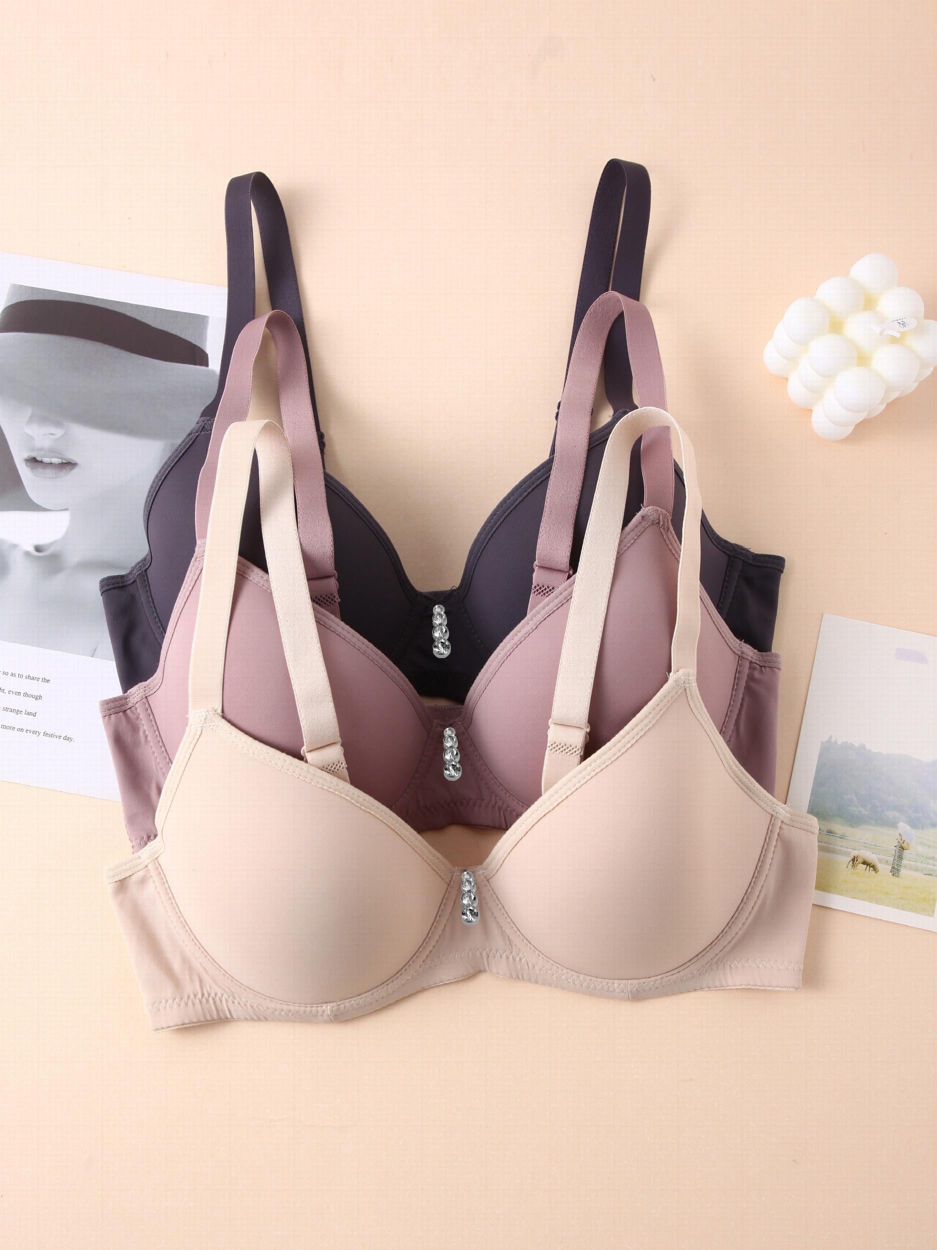 3pcs Solid T Shirt Bra Comfy & Breathable Push Up Bra Women's Lingerie
