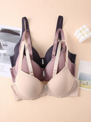 3pcs Solid T Shirt Bra Comfy & Breathable Push Up Bra Women's Lingerie