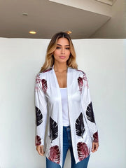 Women's Plus Feather Print Long Sleeve Open Front Cardigan