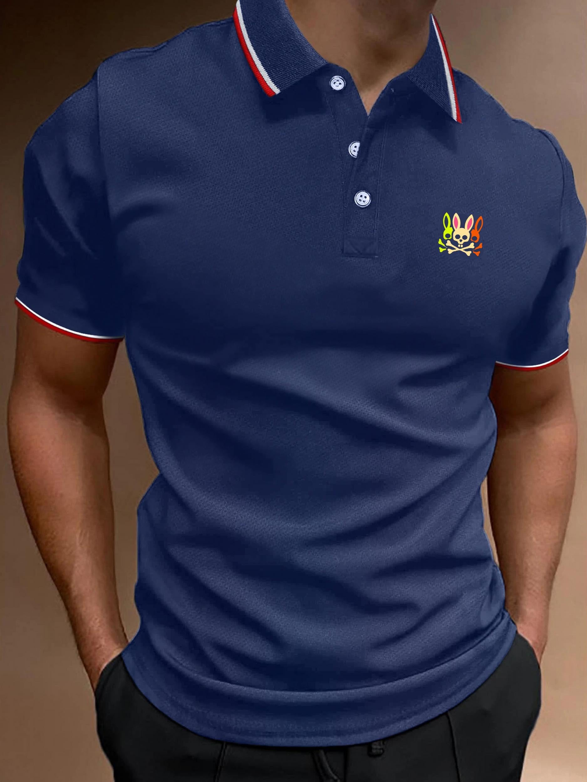 Men's Vintage Cartoon Print Polo Shirt Casual Lapel Button Up Polo Shirt