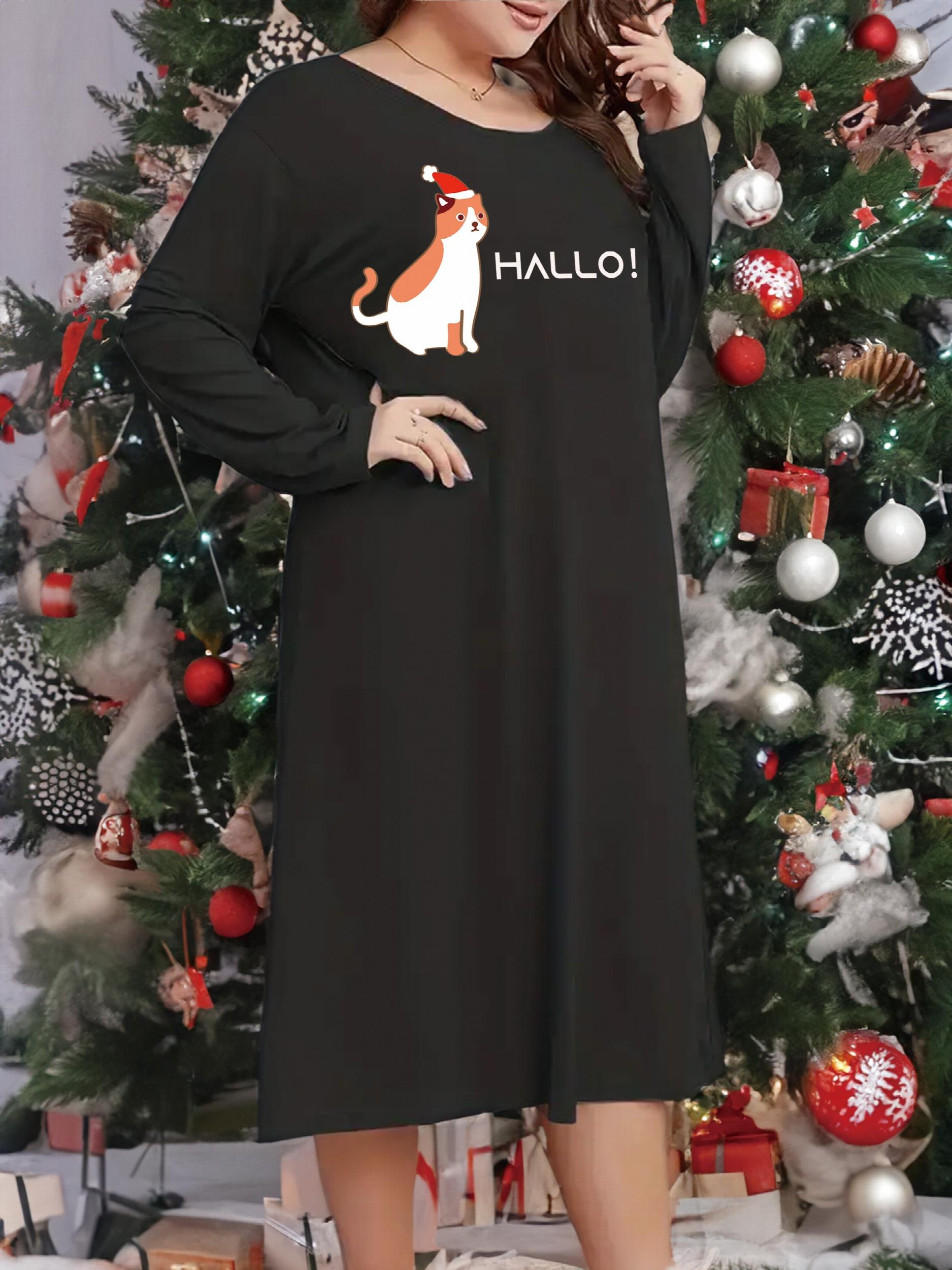 Christmas Nightdress Women Plus Christmas Cat Letter Graphic Long Sleeve