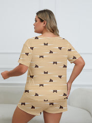 Cartoon Cat Stripe Print Pajama Set Women's Breathable Loungewear