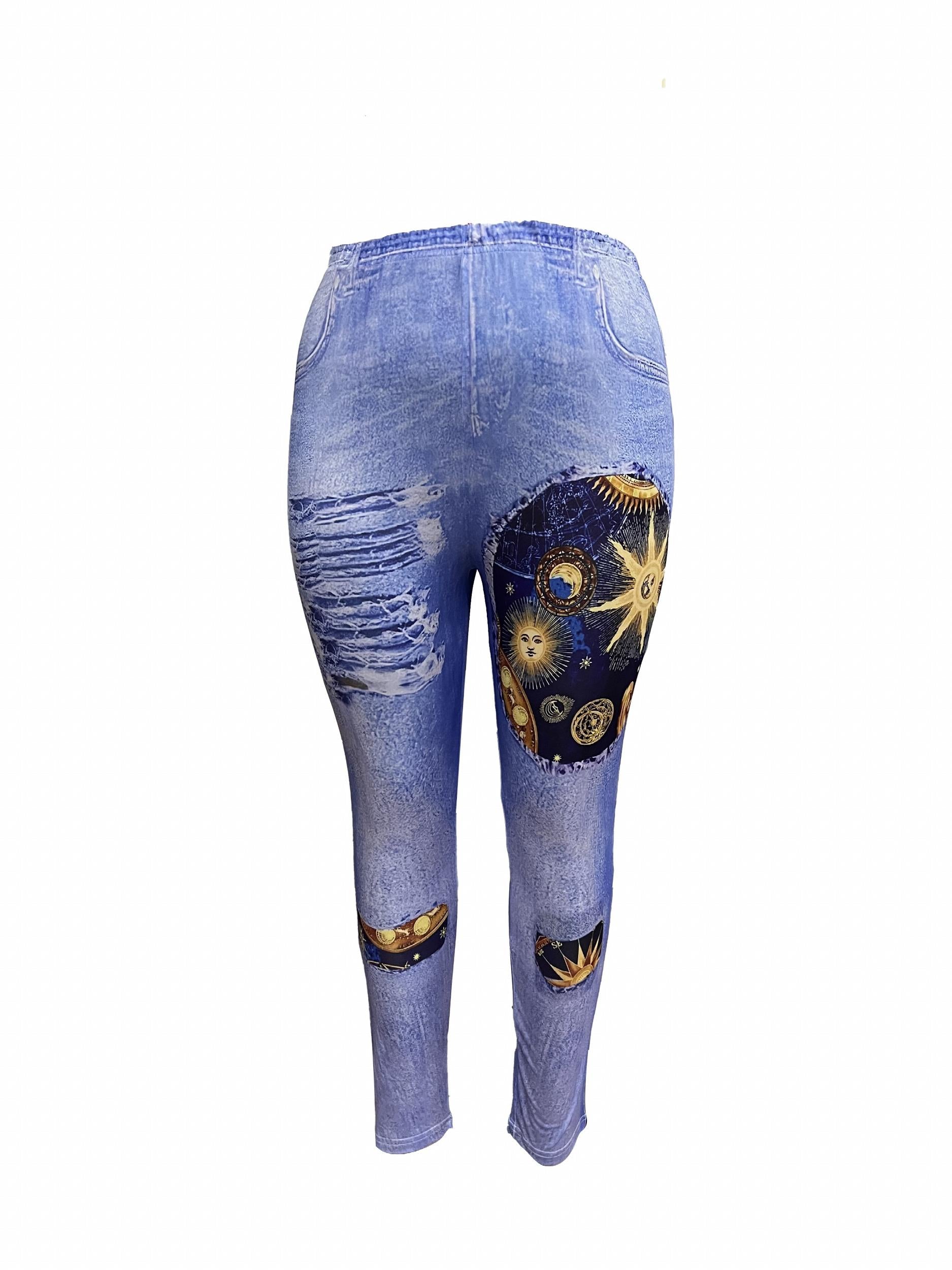 Women's Denim & Sun Print Slim Fit Leggings