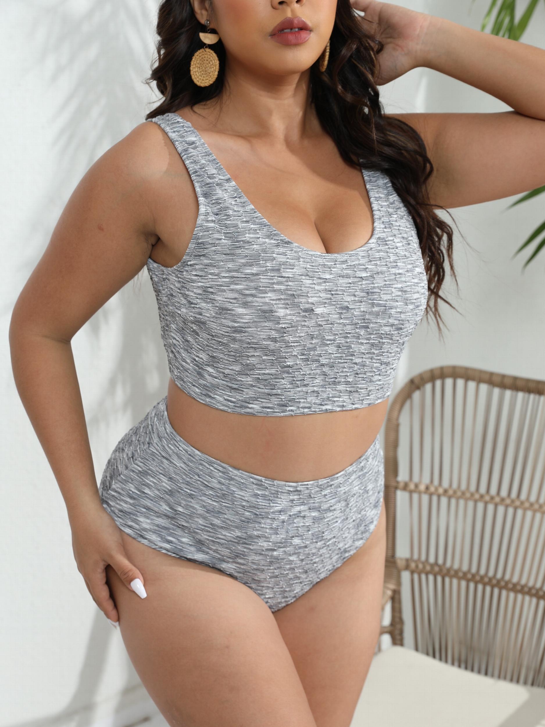 Retro Tankini Set Women's Plus Textured Tank Top & Panty Swimsuit