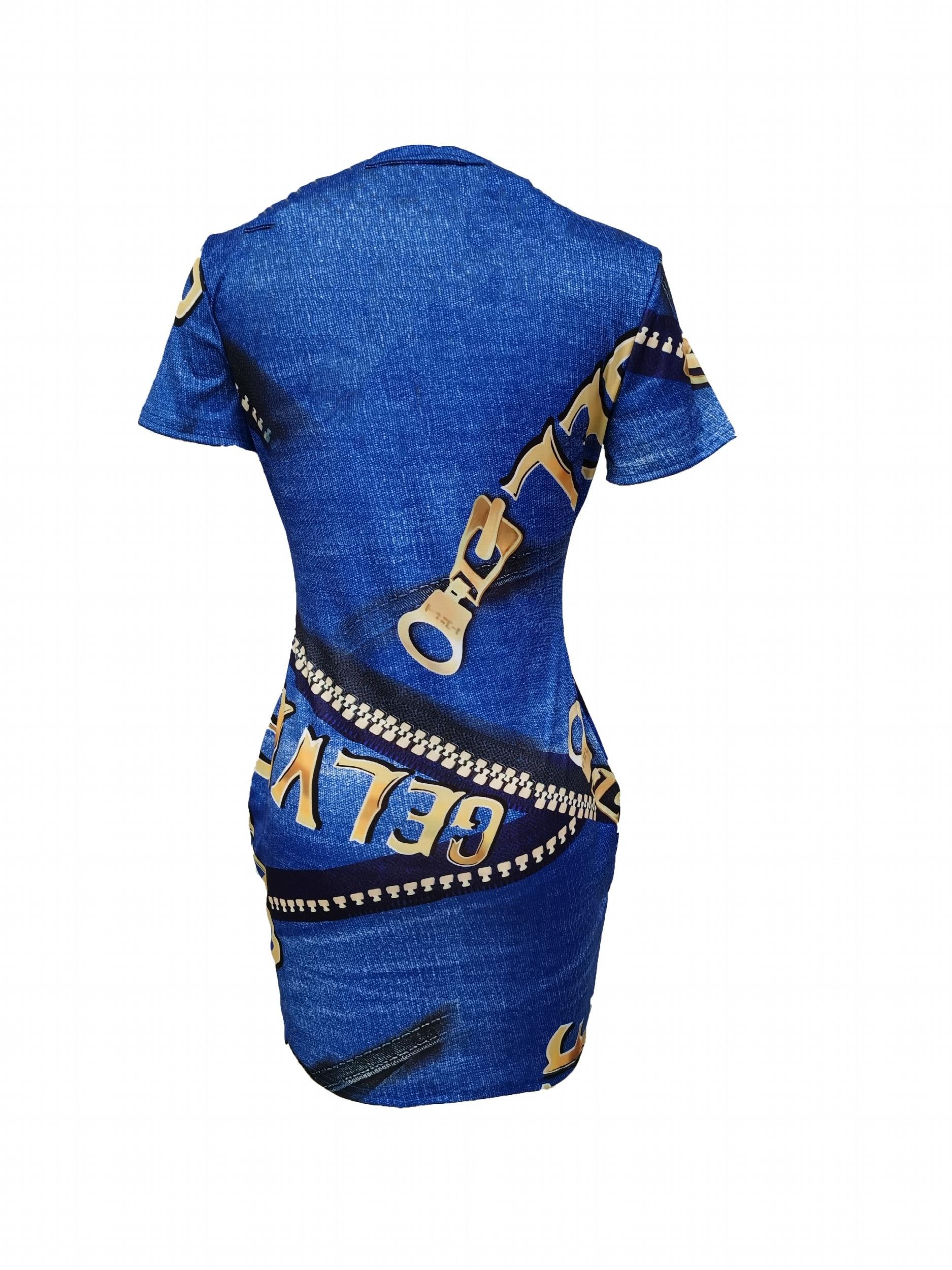 V Neck Zipper Print Slim Dress Casual Short Sleeve Waist Summer Bodycon Dresses
