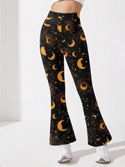 Moon & Star Print Flared Yoga Pants High Stretch Sports Trouser