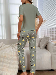 Cow Print Pajama Set Short Sleeve Crew Neck Top & Elastic Waistband Pants