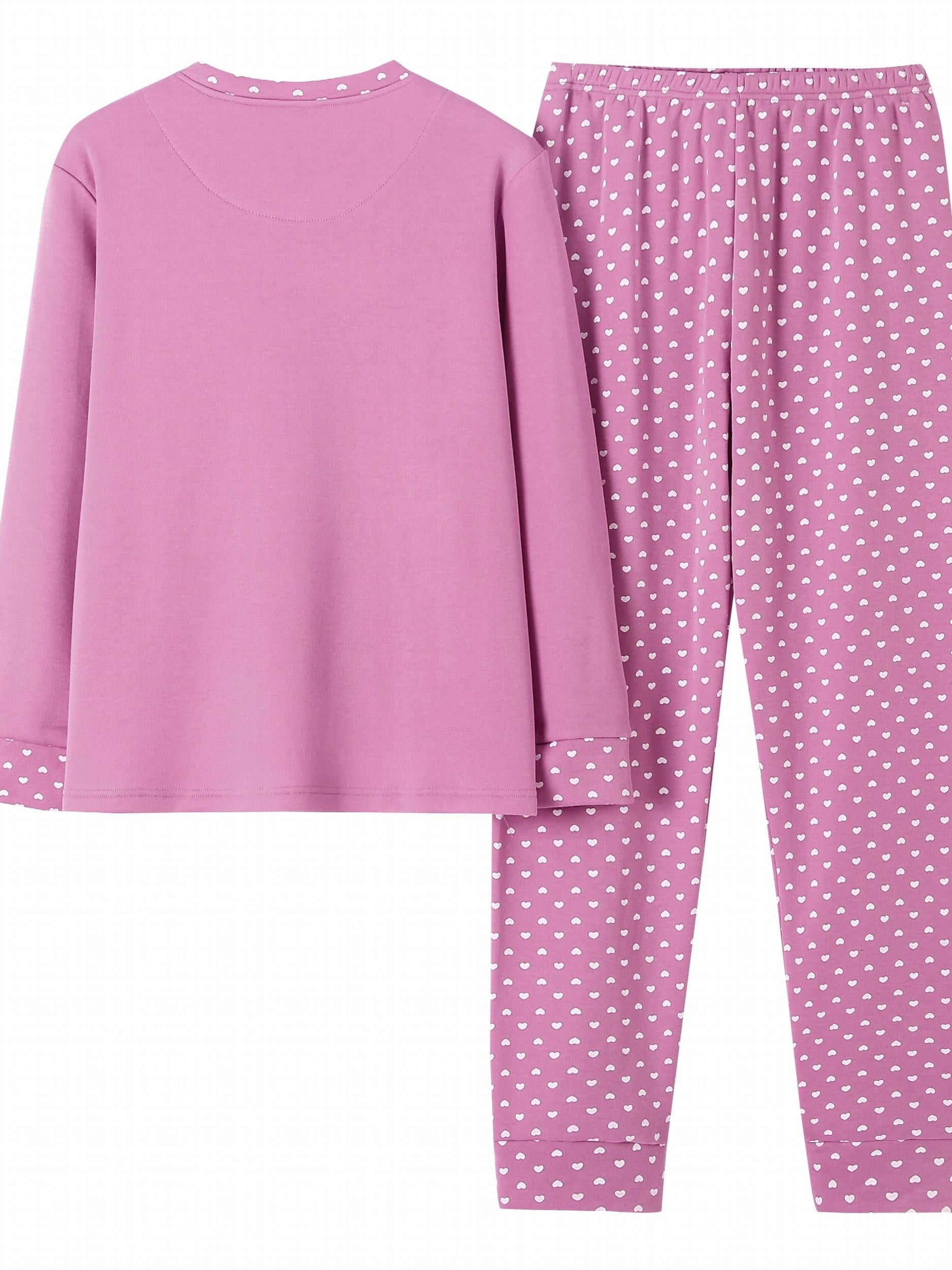Heart Pattern Pajamas Long Sleeve Top & Pants Women's Loungewear