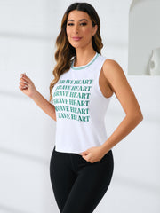 Letter Graphic Round Neck Sports Tank Top Sleeveless Workout Vest T shirt Women