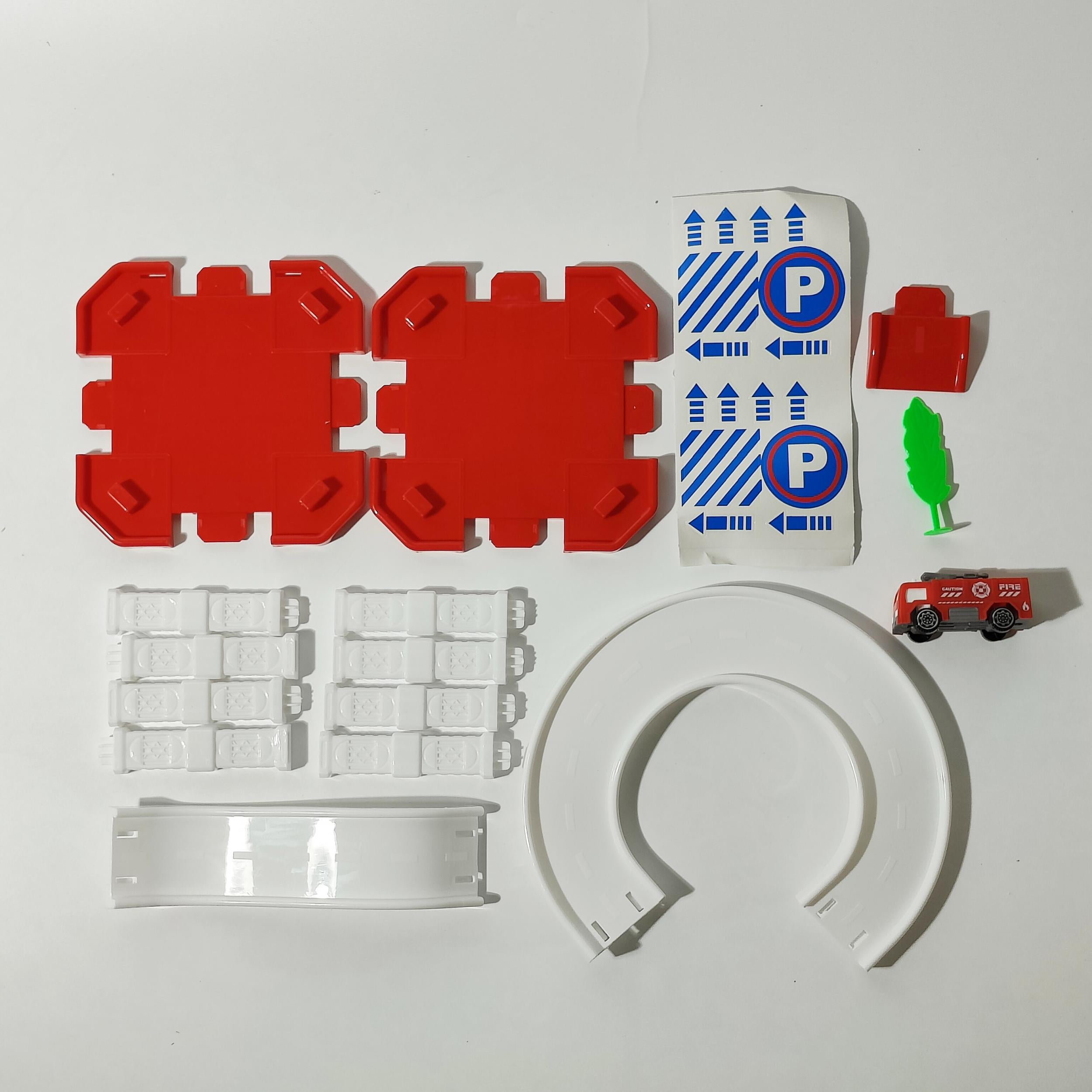 17pcs Red Fire Building Set with Car and Tree, City Parking Garage Toy