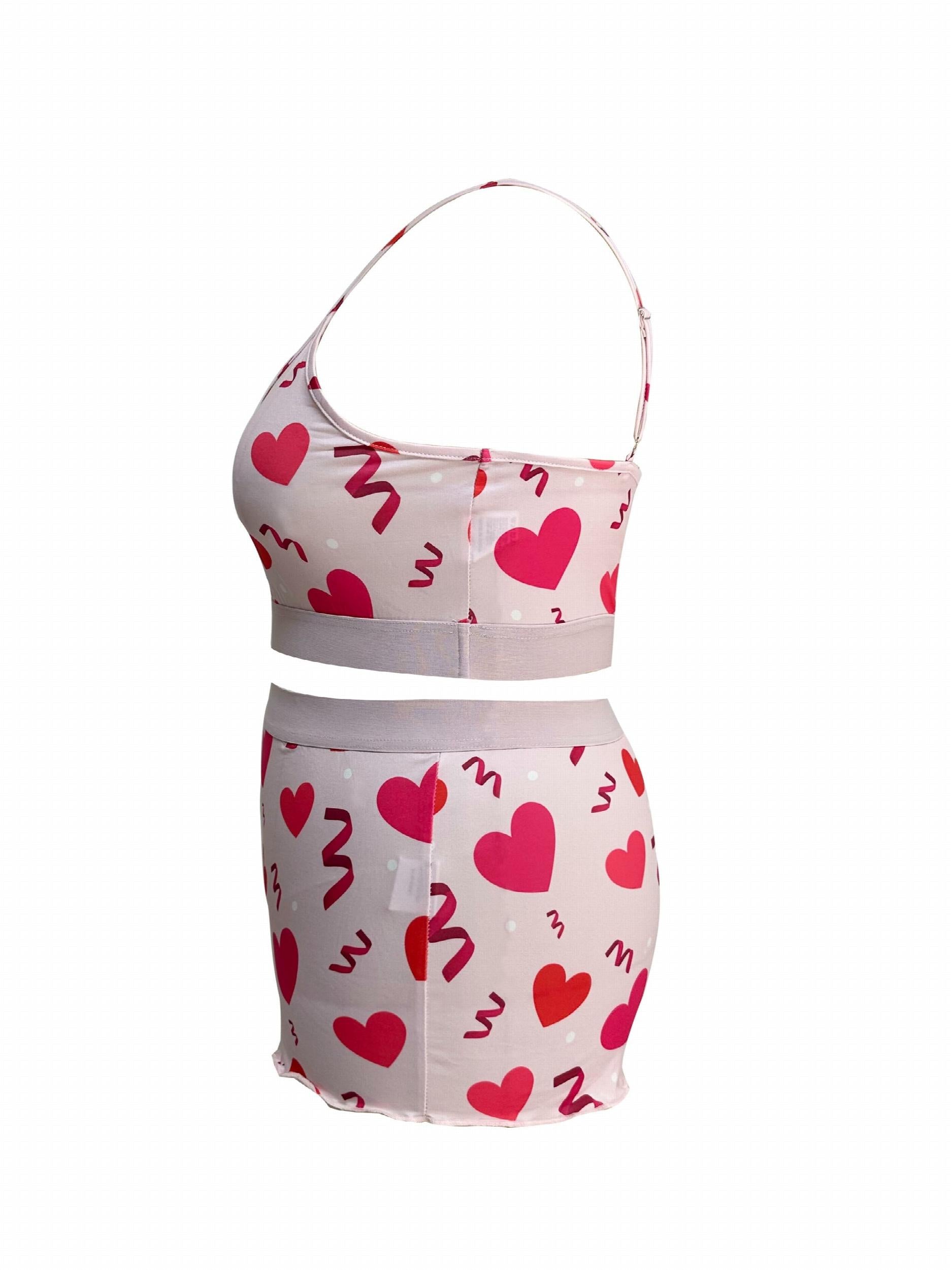 Heart Print Pajama Set Crop Cami Top & Shorts Two Piece Set