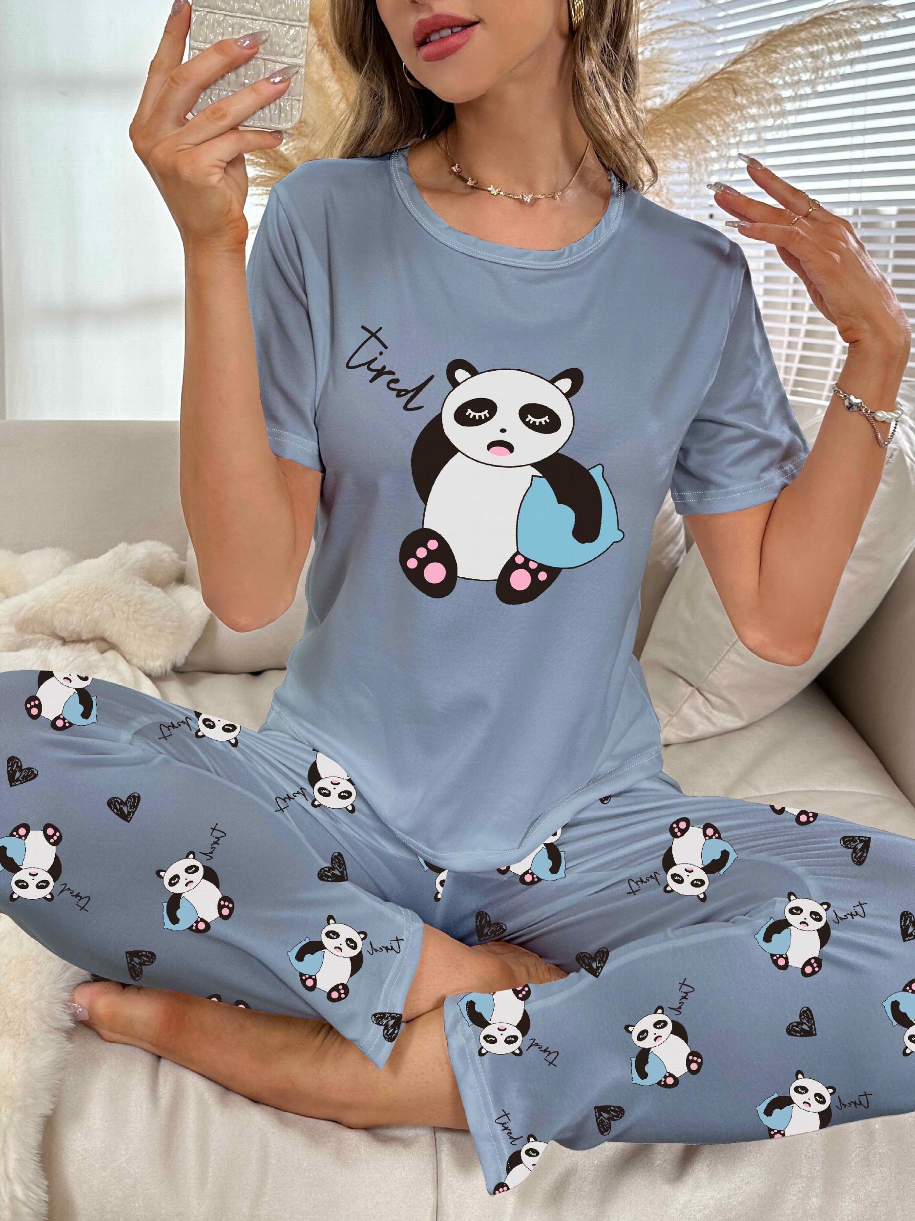 Panda Print Pajama Set Short Sleeve Crew Neck Top & Pants