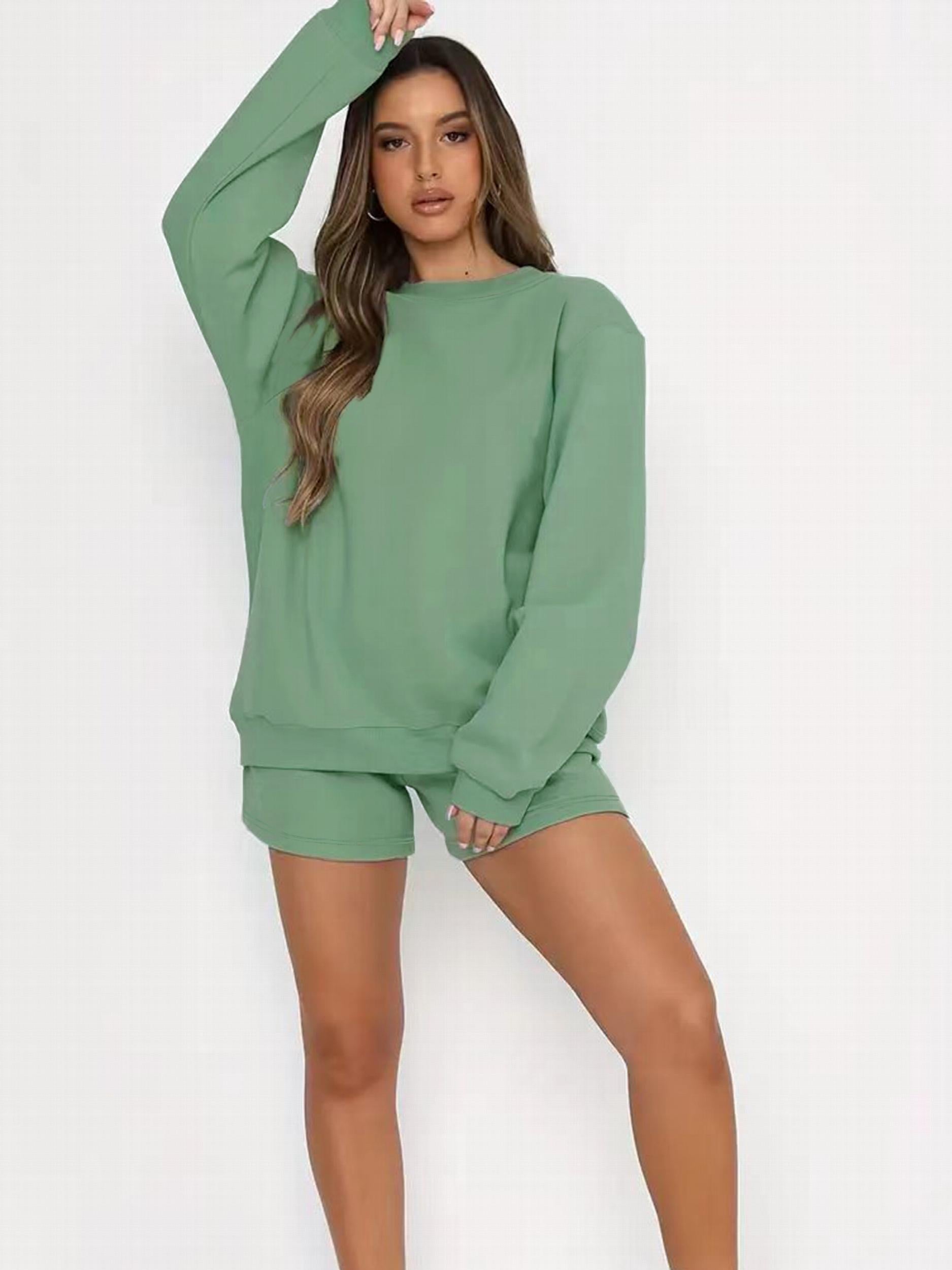 Solid Long Sleeve Top & Tie Shorts Fitness Set