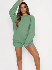 Solid Long Sleeve Top & Tie Shorts Fitness Set