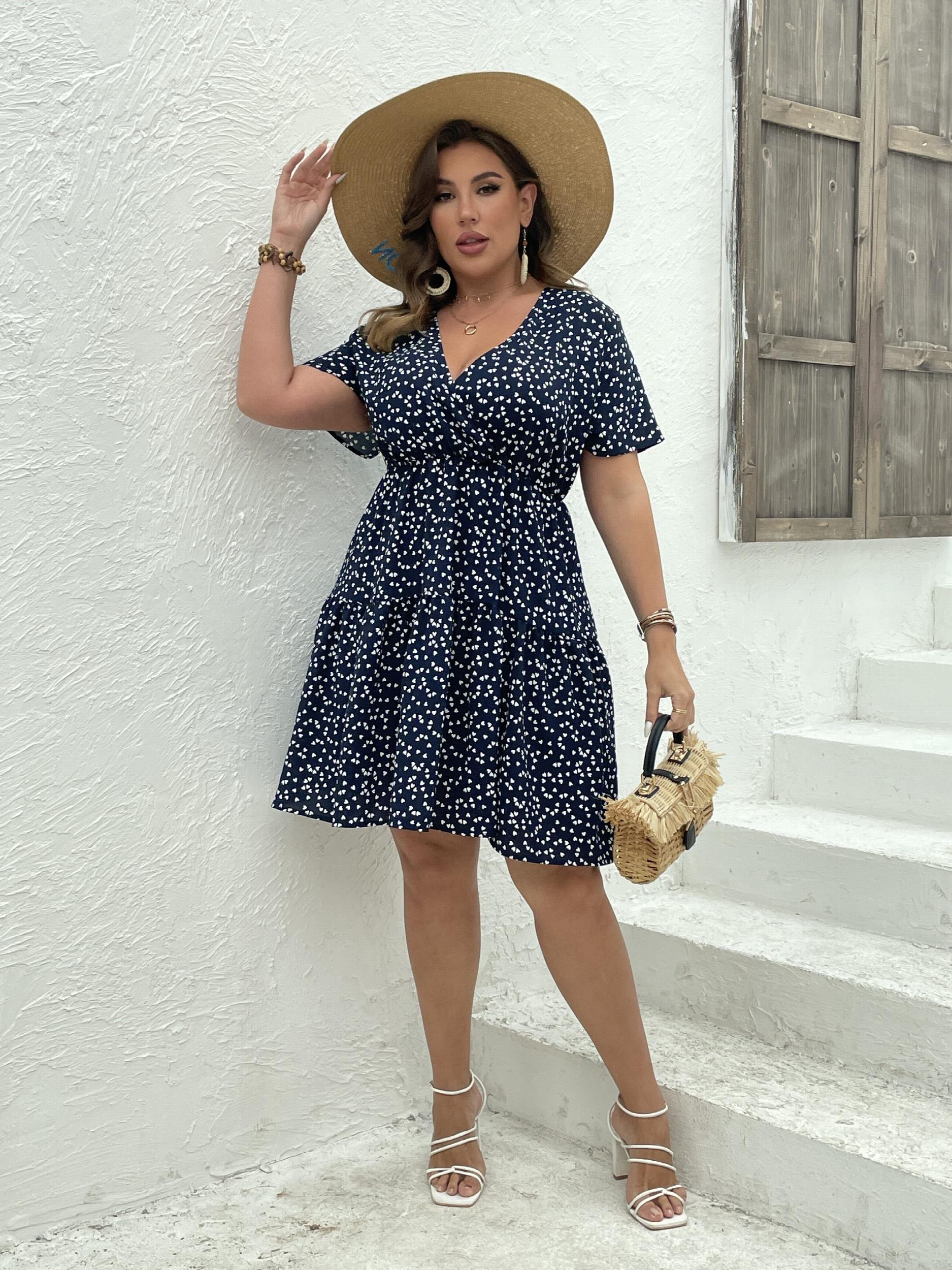 Pin Dots Print V Neck Midi Smock Dress