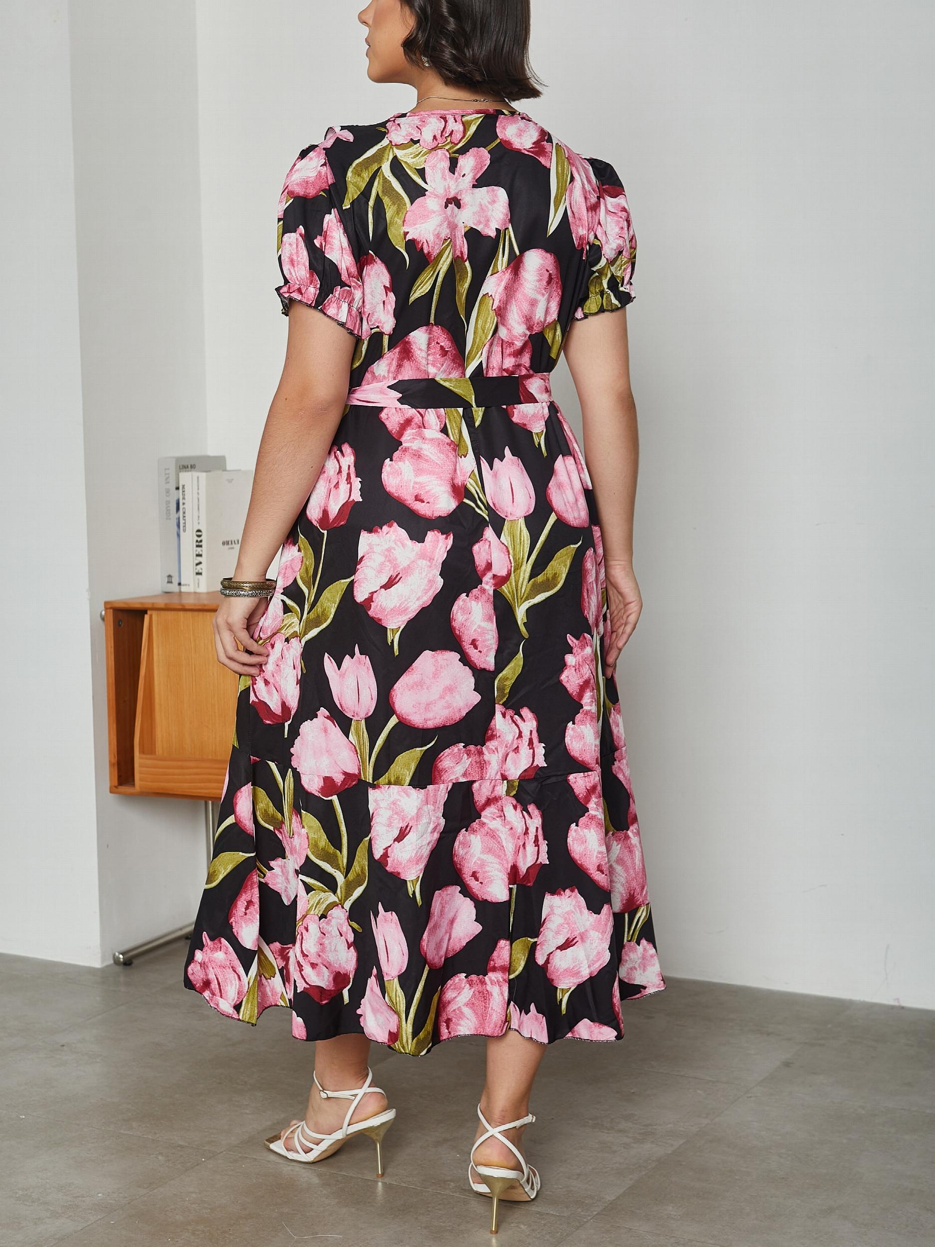 Floral Print Puff Sleeve Wrap Dress