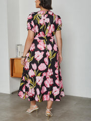 Floral Print Puff Sleeve Wrap Dress