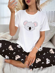 Cartoon Koala Print Pajama Set Short Sleeve Top & Pants