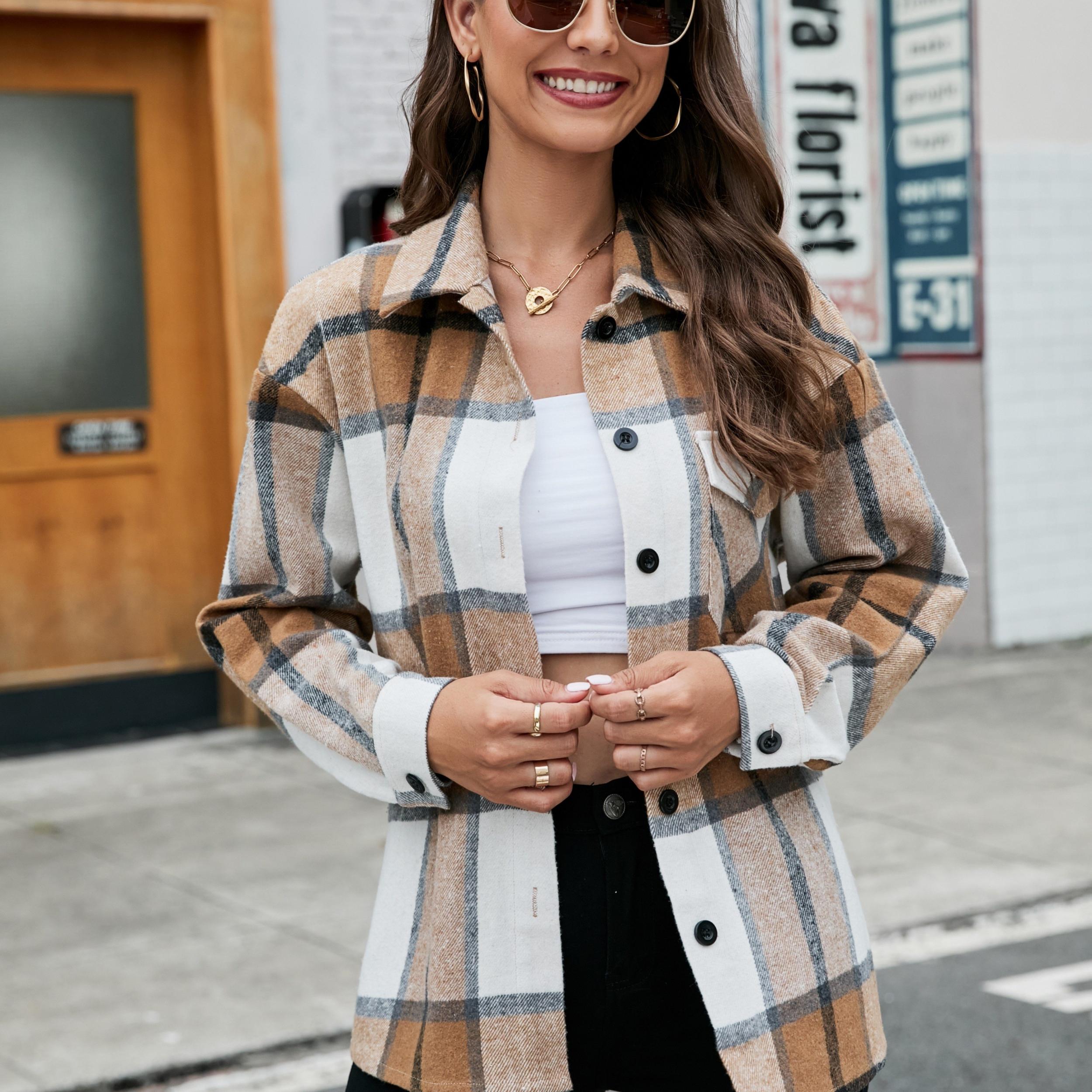Plaid Print Shacket Button Front Collar Outerwear