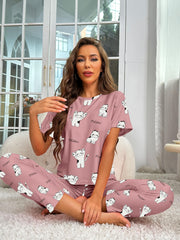Cartoon Cat Print Pajama Set Short Sleeve Top & Pant
