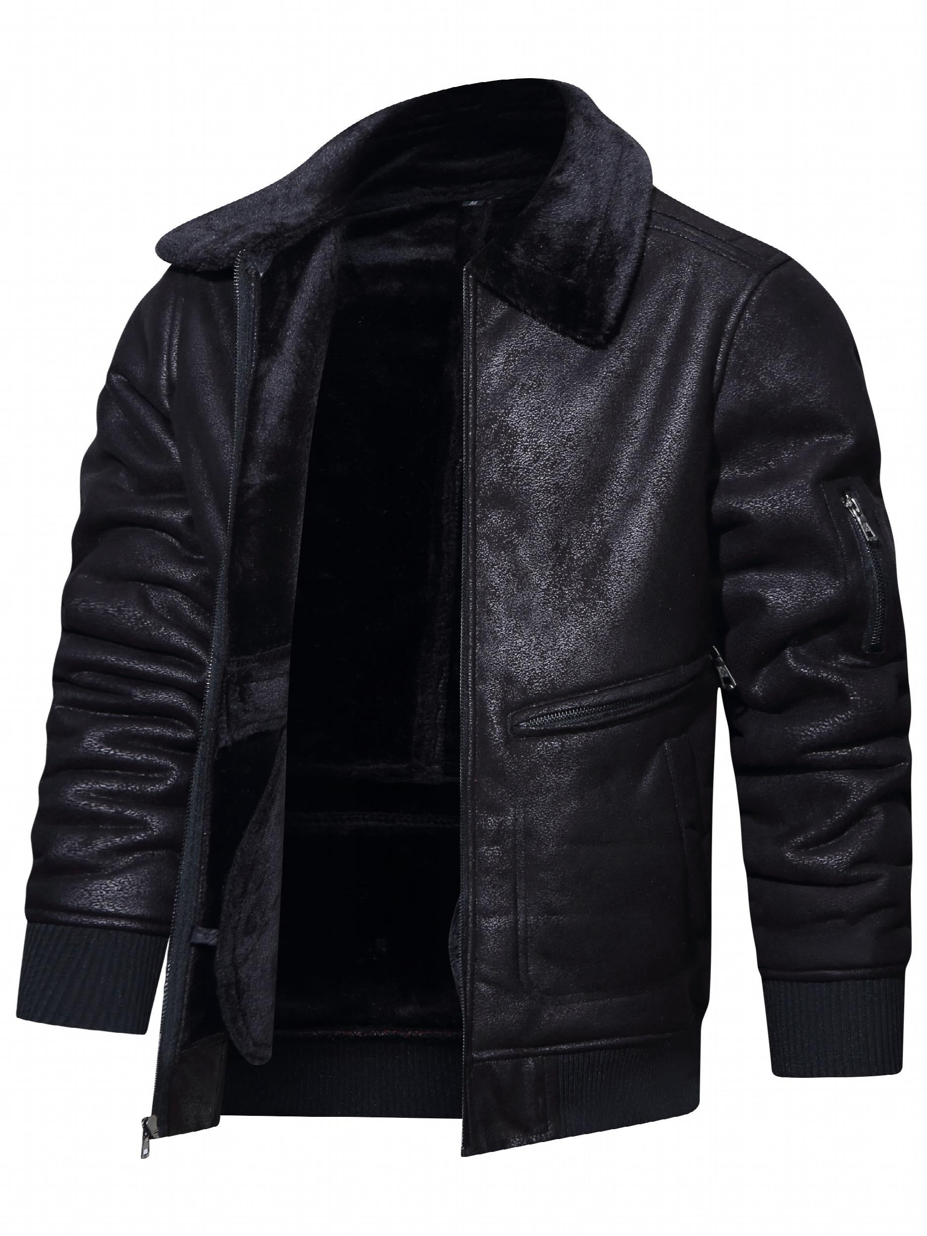 Men's Fleece PU Jacket Zip Up Lapel Leather Jacket Fall Winter