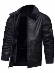 Men's Fleece PU Jacket Zip Up Lapel Leather Jacket Fall Winter