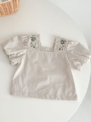 Baby Girls Floral Embroidery Square Neck Top Summer Clothes