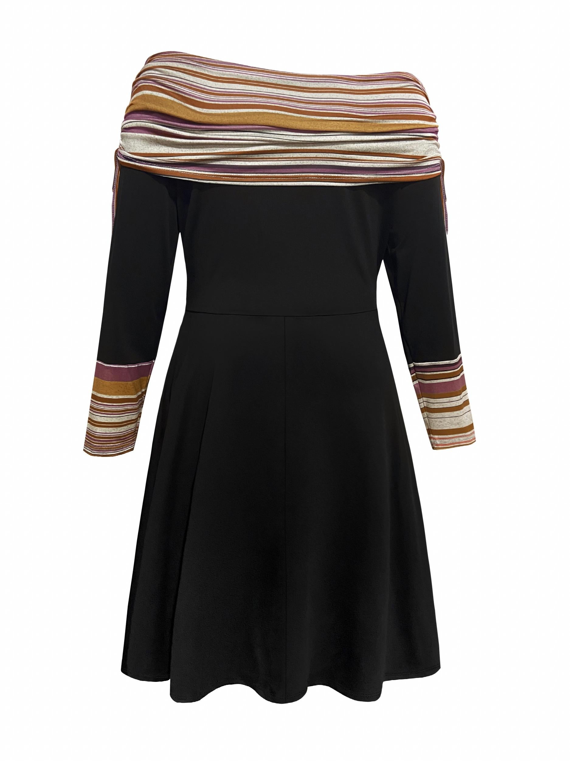 Colorblock Stripe Print Ruched Off Shoulder Dress