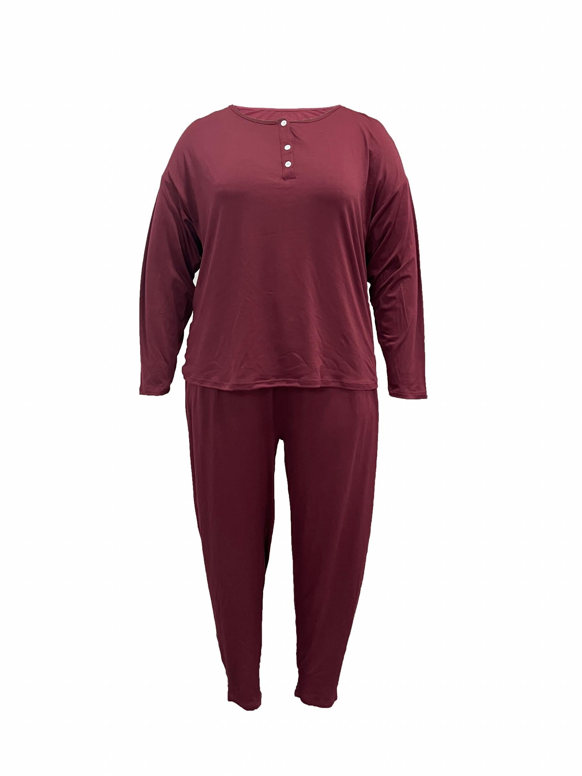 Women's Solid Button Top & Drawstring Pocketed Pants Set