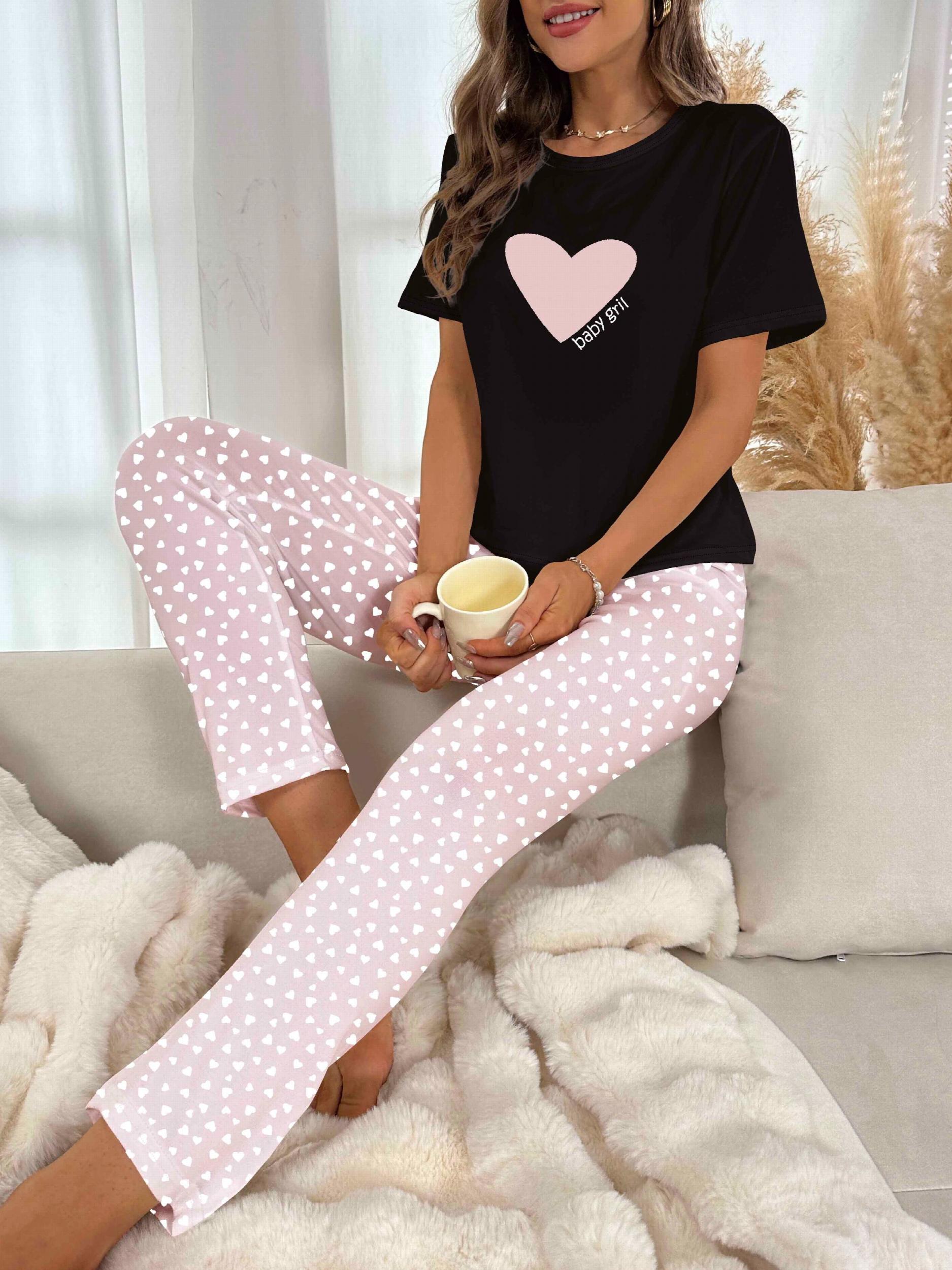 Heart Print Pajama Set Short Sleeve Crew Neck Top & Pants