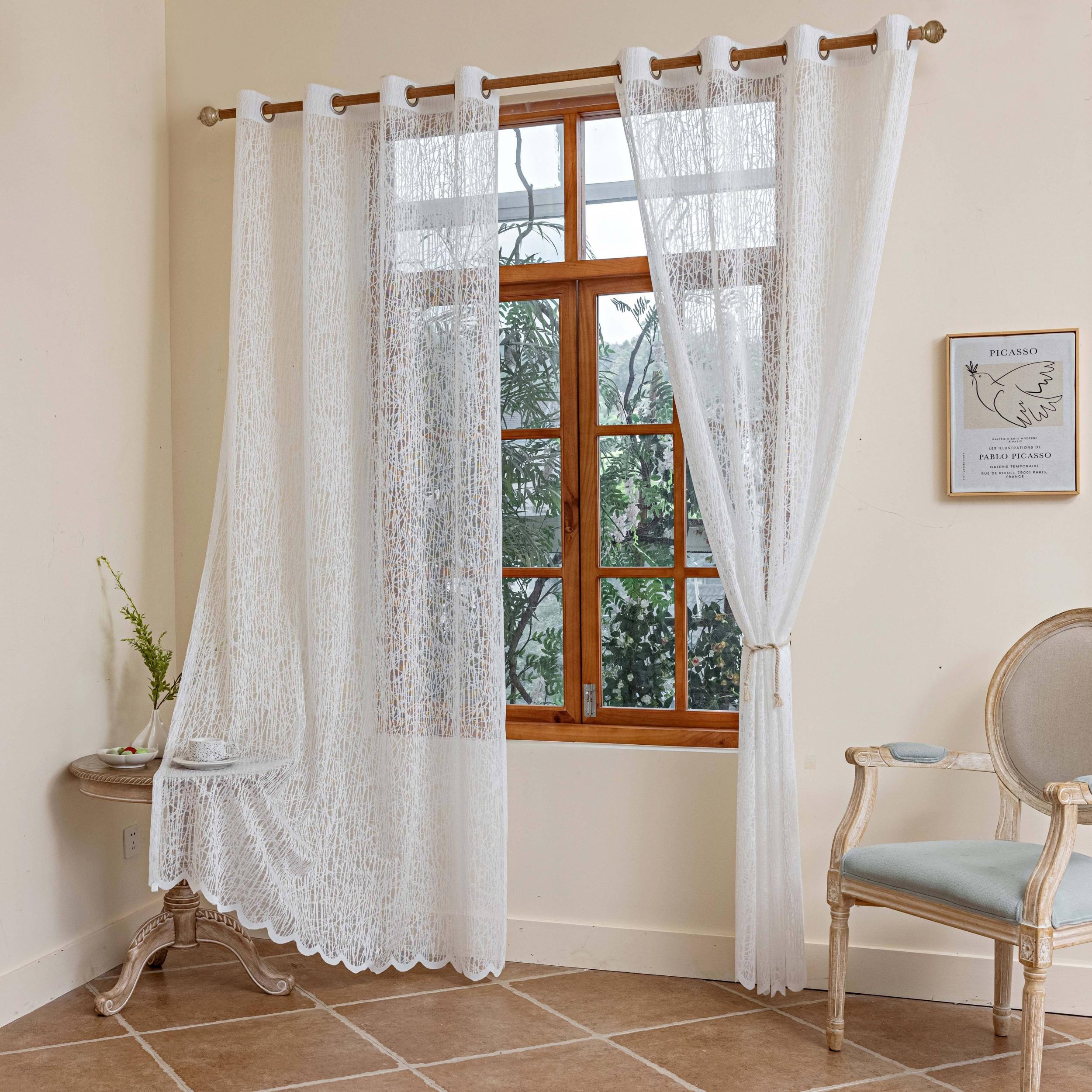 Grid Sheer Curtain Grommet Top Window Curtain for Home Decor