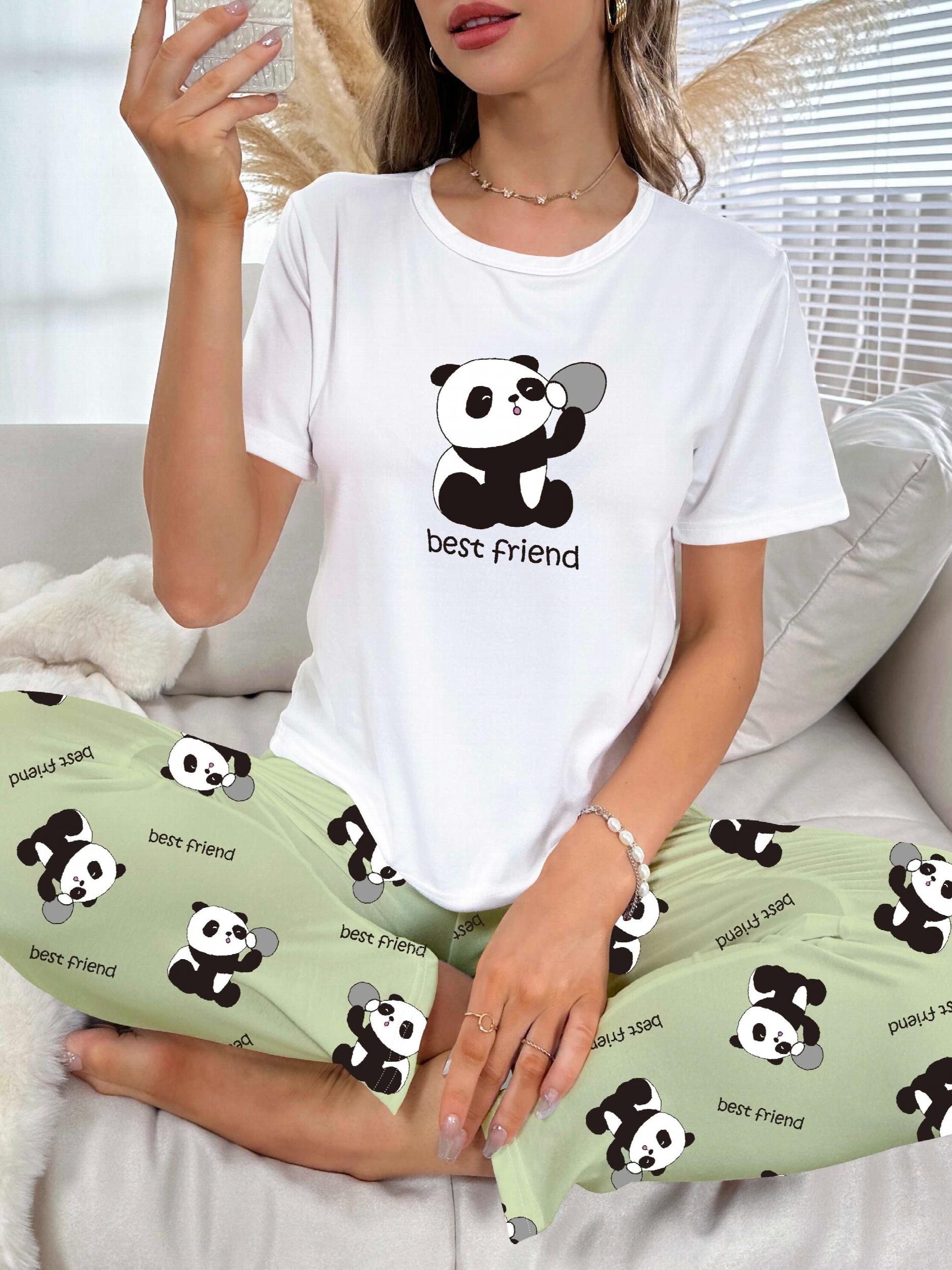 Panda Print Pajama Set Short Sleeve Crew Neck Top & Pants Women's Sleepwear
