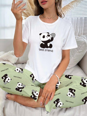 Panda Print Pajama Set Short Sleeve Crew Neck Top & Pants Women's Sleepwear