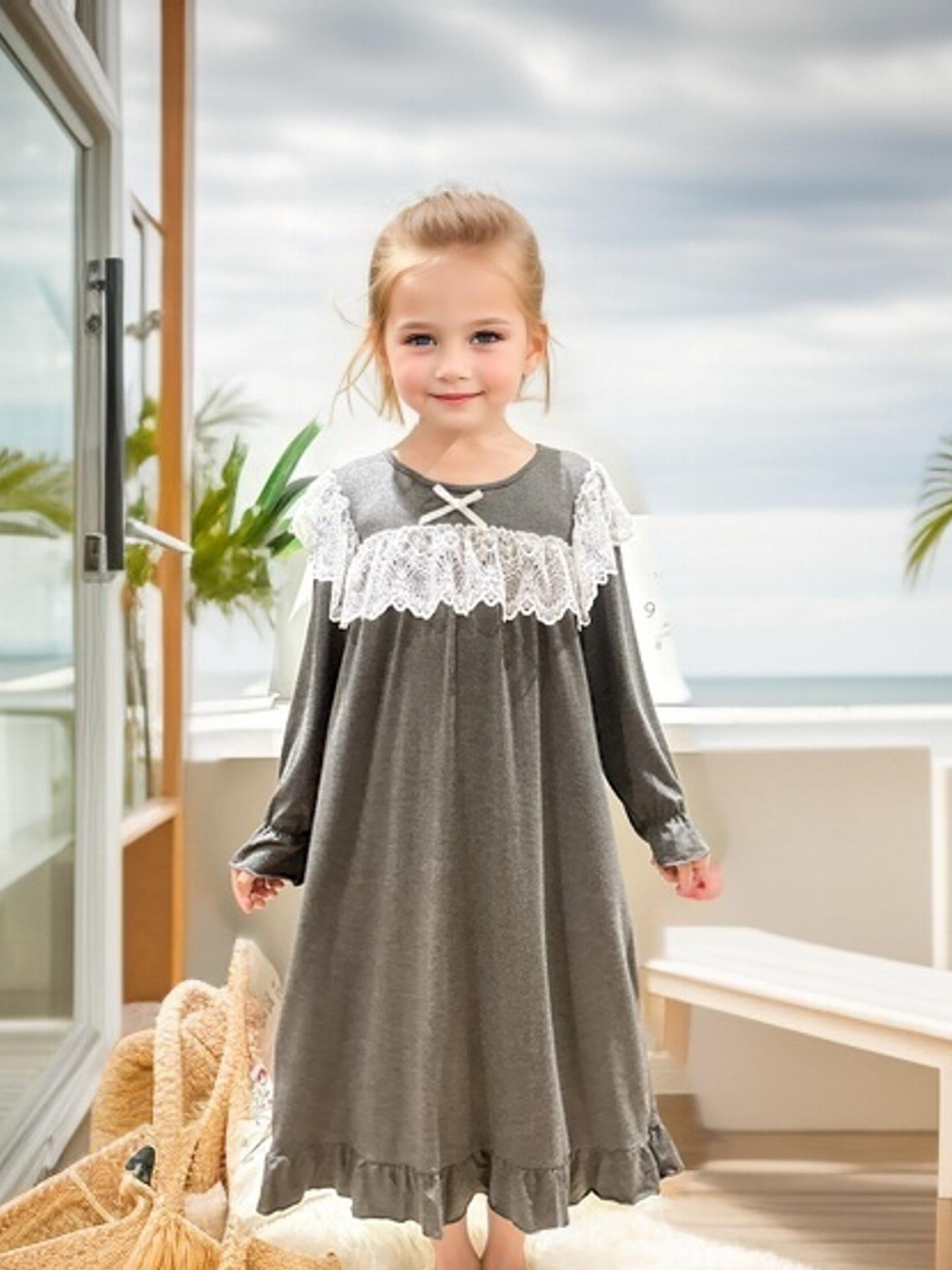 Girls Lace Up Neck Ruffle Pajamas Robe Kids Nightdress