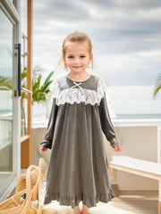 Girls Lace Up Neck Ruffle Pajamas Robe Kids Nightdress