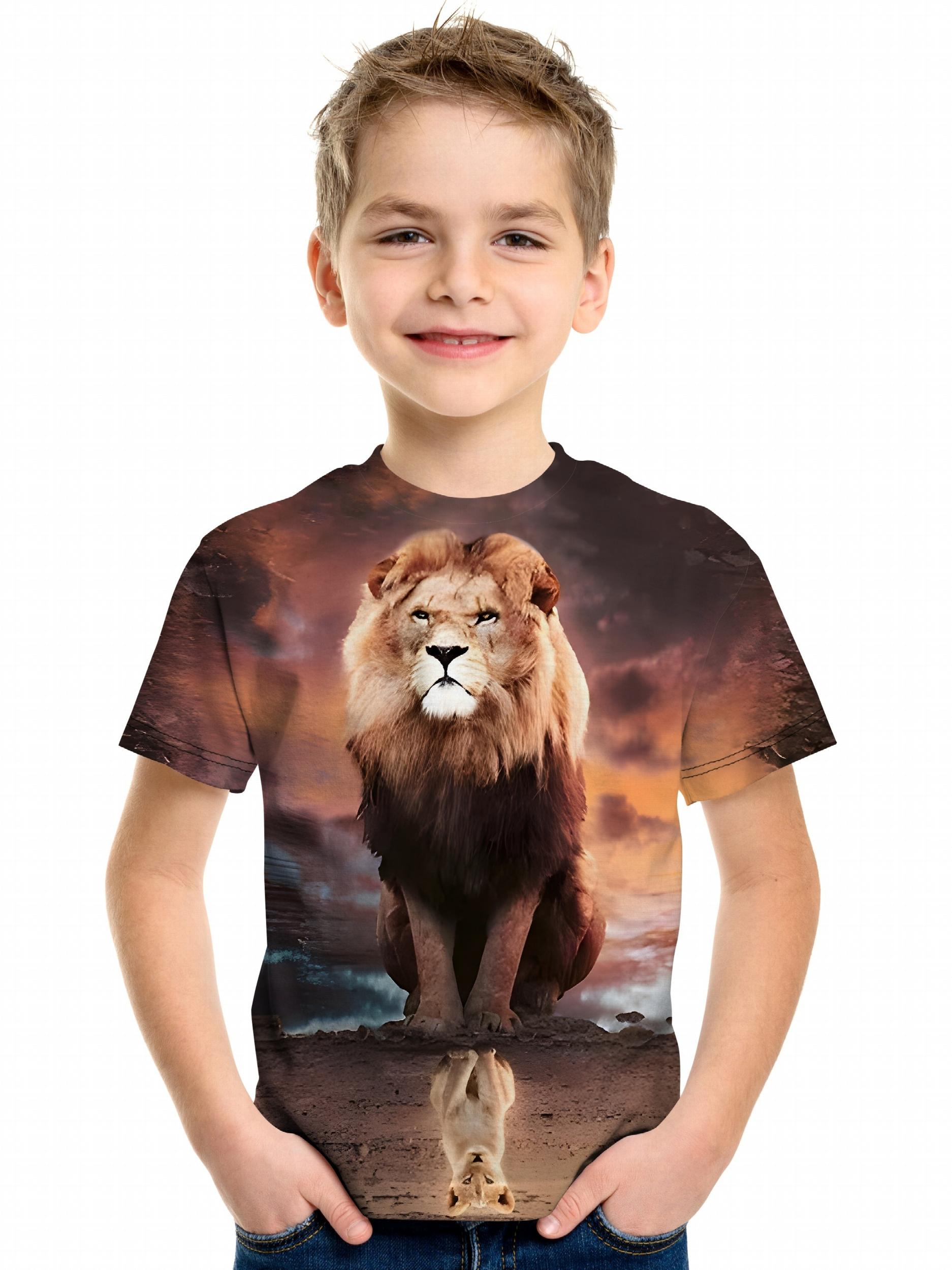 Boys Lion 3D Print T-shirt Short Sleeve Crew Neck Top Casual Kids Clothes