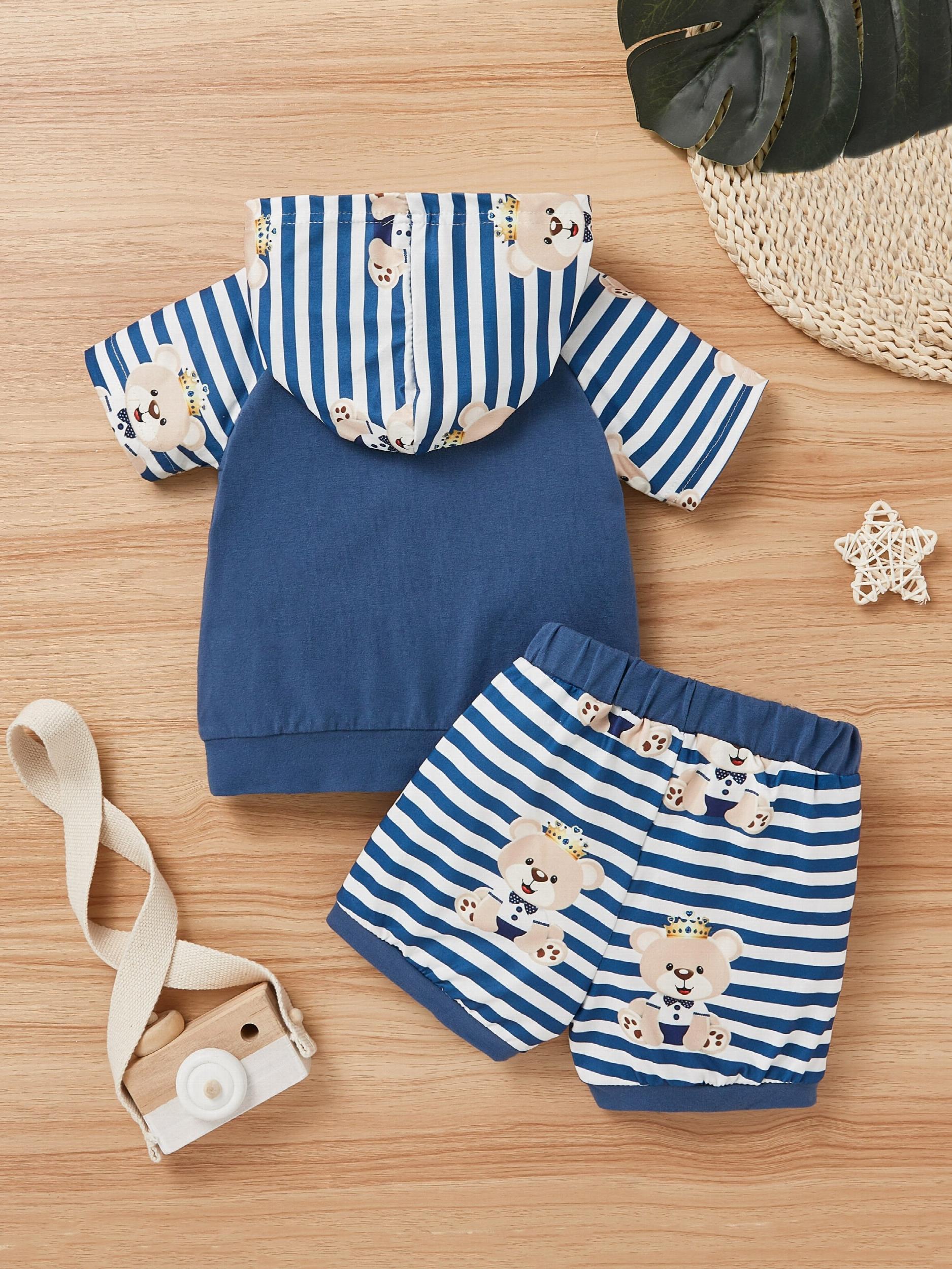 2pcs Baby Boys Elephant Print Hoodie & Shorts Set