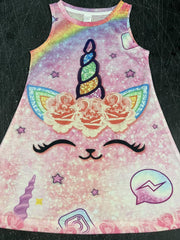 Unicorn Princess Dress Girls 3D Printed Sleeveless Birthday Party Summer Fun