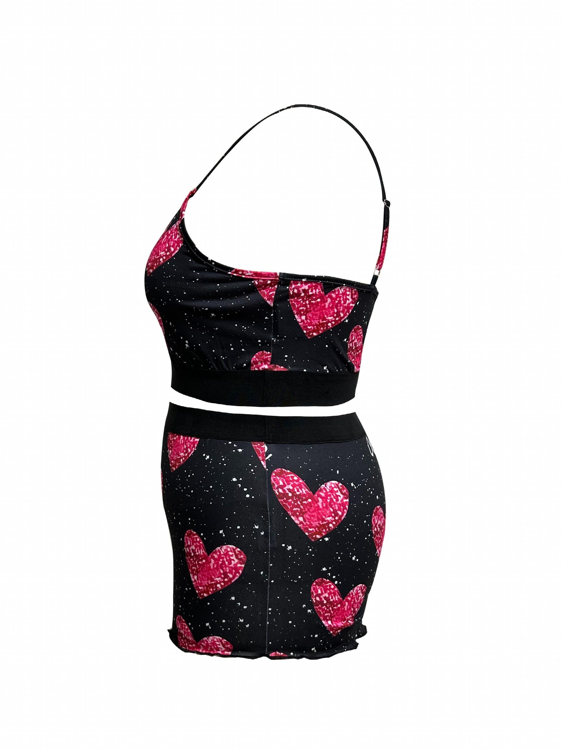 Sexy Pajama Set Splash & Heart Print Crop Cami Top & Shorts